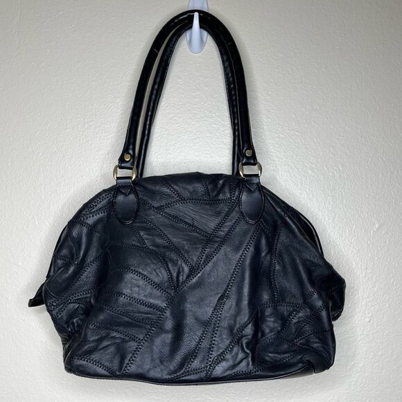 Vintage Black Patchwork Suede Studded Shoulder Handbag Faux Leather Multicolor - Picture 4 of 14